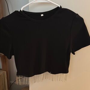 Black Crop Top with Gold Fringe